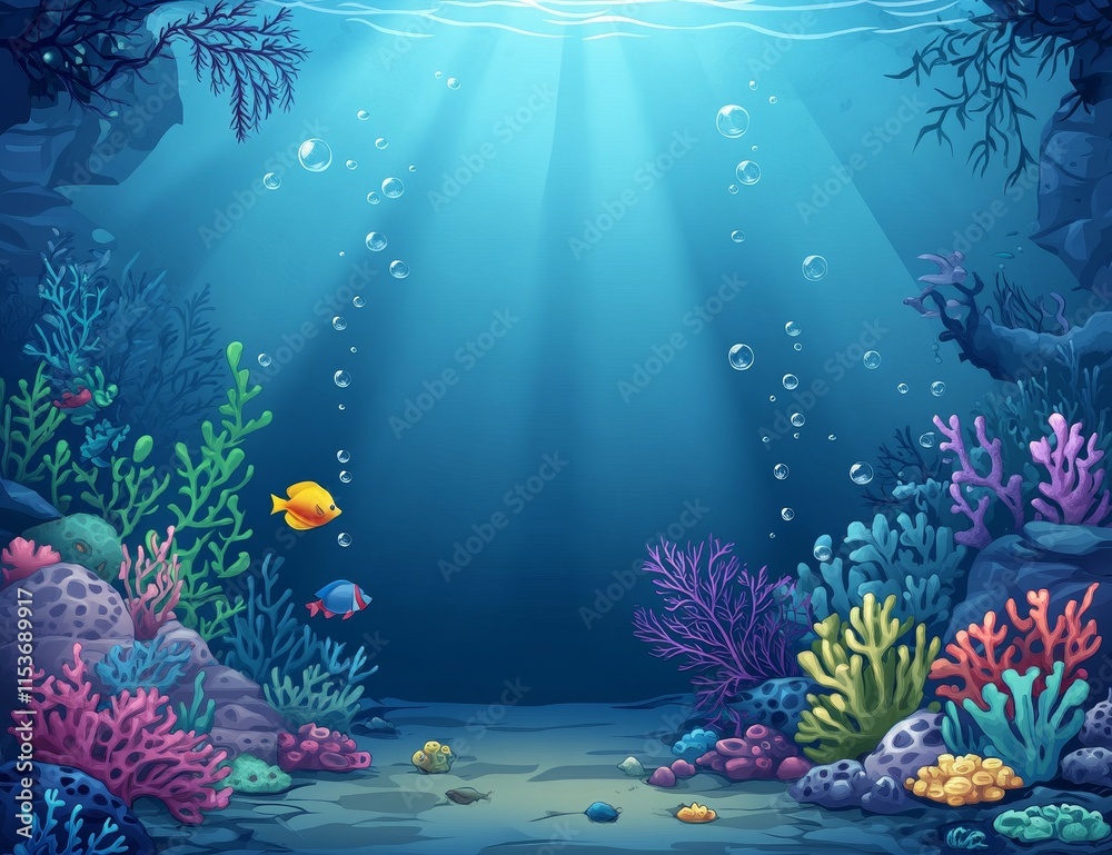 Naklejka premium Underwater scene with vibrant coral reef, colorful fish, and sunbeams.