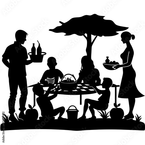 Family picnic silhouette vector illustration on white background