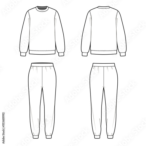 Technical Flat sketch of sweatshirt and sweatpants. Vector mock up Template. Sweat shirt and jogger pants. long sleeve with rib trim cuffs. Elasticated waist lounge set. Pullover top. Round neck Tee.