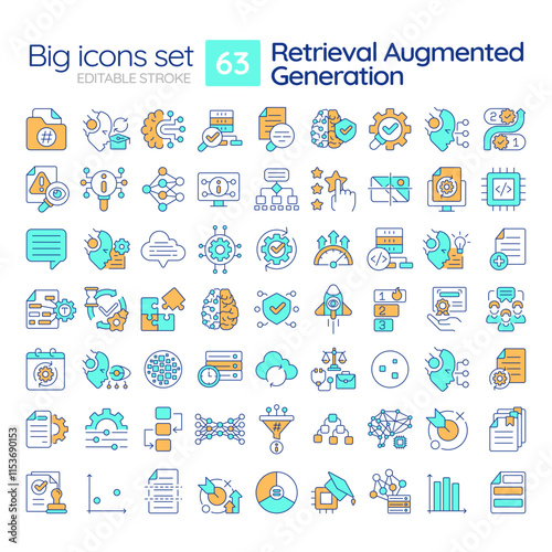 RAG RGB color icons set. Retrieval augmented generation in data processing. Content making AI tools. Isolated vector illustrations. Simple filled line drawings collection. Editable stroke