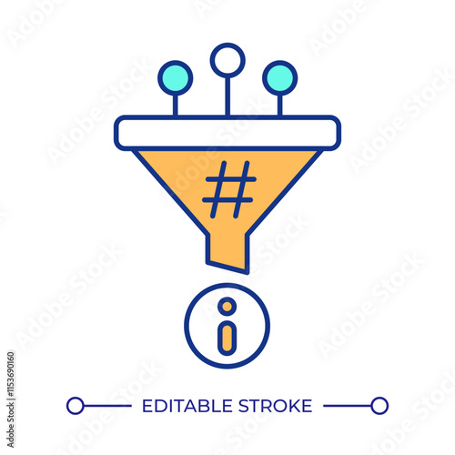 Information filtration funnel RGB color icon. Virtual tool for data analytics. Database service and search improvement. Isolated vector illustration. Simple filled line drawing. Editable stroke