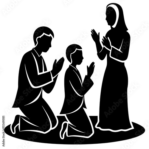 Family praying silhouette on white background