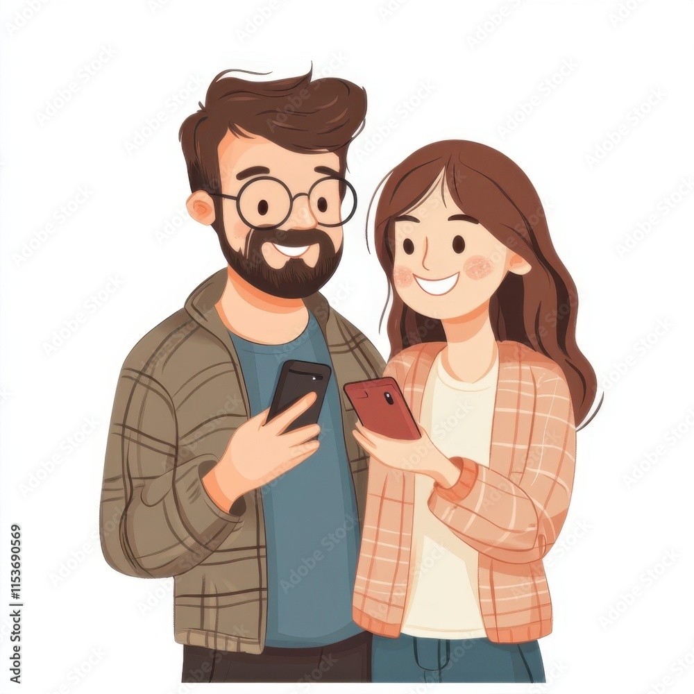 Couple looking at the smartphone, cartoon character illustration Couple looking at the smartphone, cartoon character illustration
