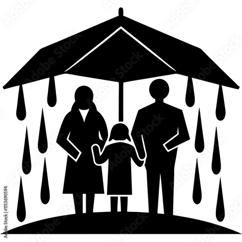 Family taking shelter in the rain silhouette vector on white background