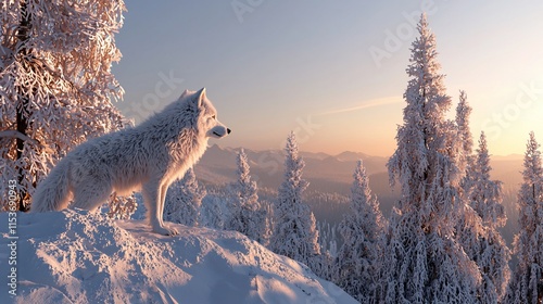 Majestic arctic wolf sits on snowy mountain peak at sunrise. photo