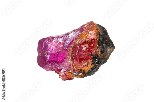 Rare natural rough red and pink ruby gemstone on white background (corundum gemstone group)(selective focus) 