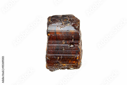 Closeup natural rough dravite gemstone on white background (Tourmaline gemstone group)(selective focus)  photo