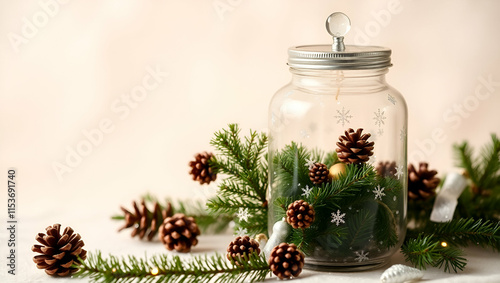Christmas tree in cute glass jar decoration, Generative AI
