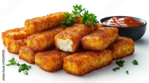 Mozzarella Sticks with Crispy Coating and Dipping Sauce. Generative AI photo