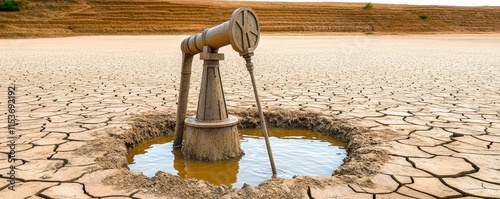 A water pump stands in a cracked, dry landscape, highlighting water scarcity issues. photo