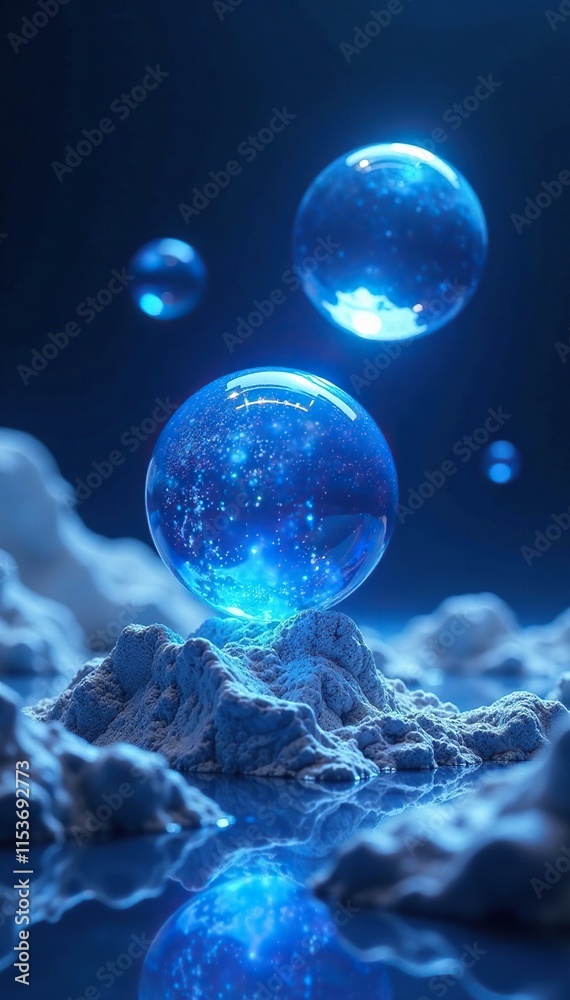Glowing blue orbs hovering above a metallic silver landscape, orb, blue, metal Glowing blue orbs hovering above a metallic silver landscape, orb, blue, metal