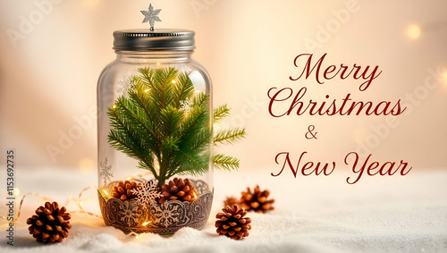 Christmas tree in cute glass jar decoration, Generative AI