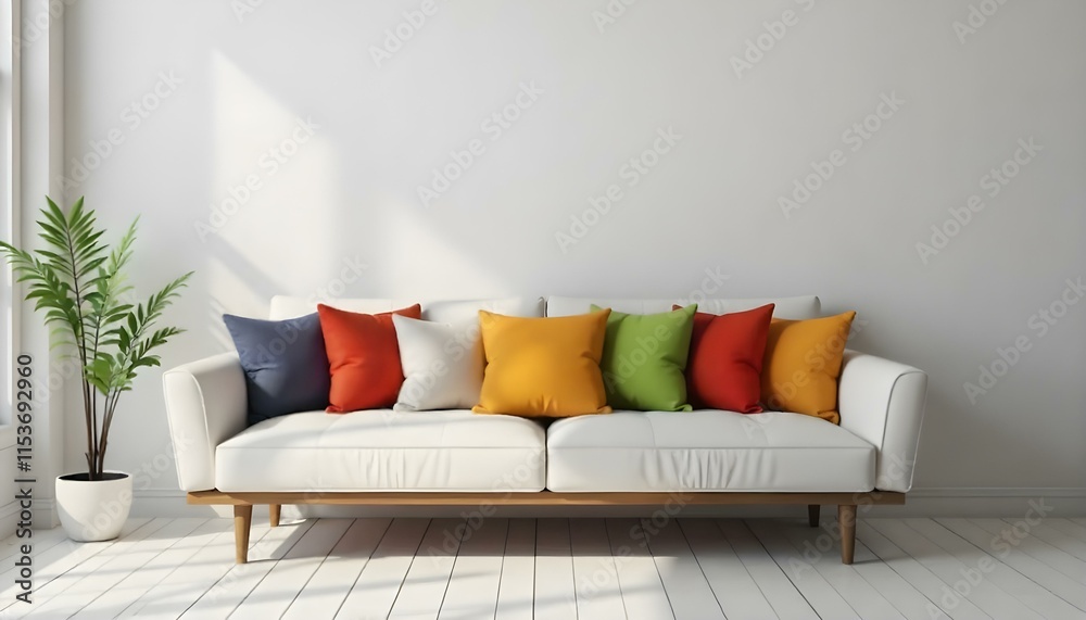 Obraz premium A modern white sofa with orange and teal throw pillows, set against a plain white wall with natural light streaming in