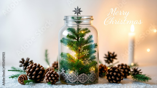 Christmas tree in cute glass jar decoration, Generative AI