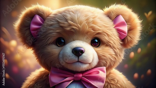 Sweet teddy bear, pink bow, adorable portrait.