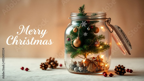 Christmas tree in cute glass jar decoration, Generative AI