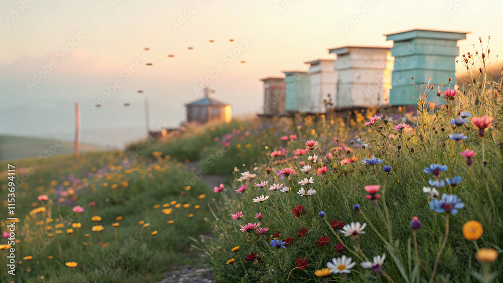 serene landscape featuring colorful wildflowers and beehives at sunset, creating peaceful atmosphere