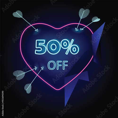 Bright Neon Valentine’s Day Sale Banner with neon Heart, Arrows, sale, fifty percent discount and stylish navy blue elements for holiday promotions