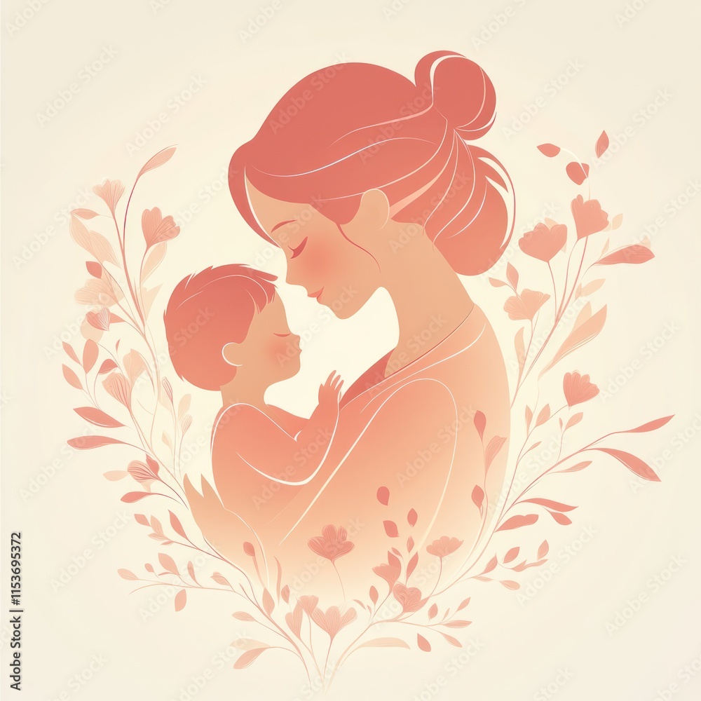 Tender mother cradling her baby, surrounded by flowers. Tender mother cradling her baby, surrounded by flowers.