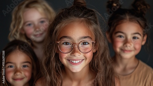 Close-up portrait of five happy diverse girls.