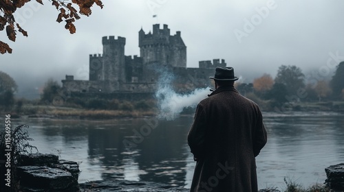 A man in a long coat and hat stands in front of a castle on a foggy day. photo