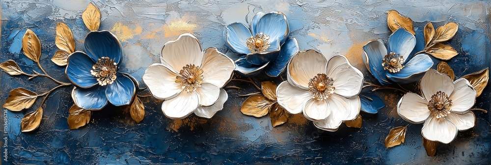 Fototapeta premium Colorful floral wall art featuring blue and white flowers against an abstract blue background