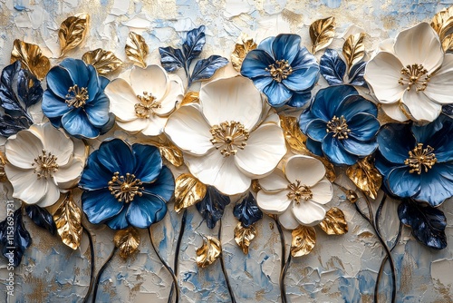 Wallpaper Mural Decorative wall art featuring blue and white flowers with gold accents in a creative artistic design Torontodigital.ca