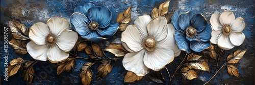 Beautiful floral relief artwork in blue and white tones with gold accents showcasing elegance and craftsmanship