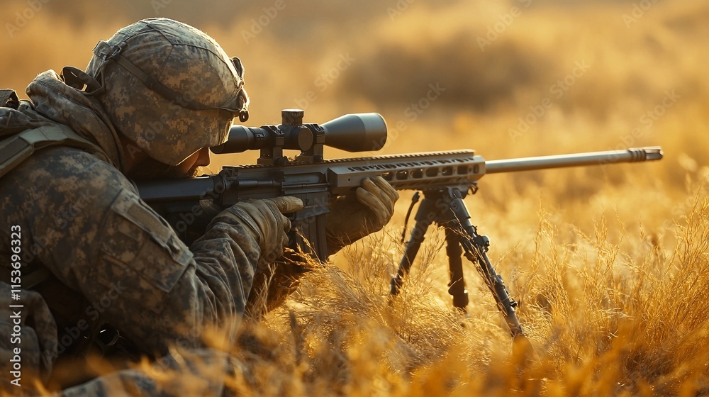 A soldier is laying prone in a field of tall yellow grass, aiming a large black rifle with a scope. A soldier is laying prone in a field of tall yellow grass, aiming a large black rifle with a scope.