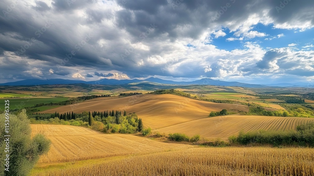 Fototapeta premium Expansive agricultural field under a cloudy sky near rural landscape in late afternoon
