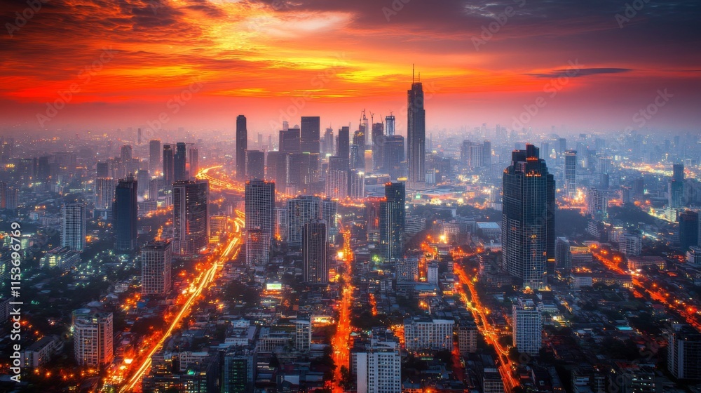 Dramatic Cityscape with Skyscrapers at Sunset Dramatic Cityscape with Skyscrapers at Sunset