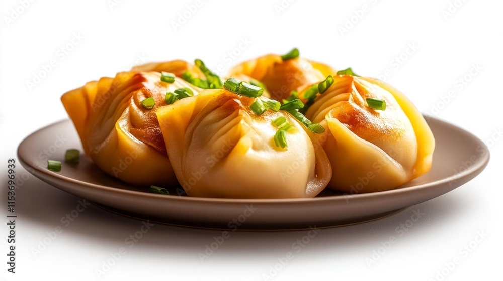 Plate of steamed dumplings garnished with spring onions. Generative AI Plate of steamed dumplings garnished with spring onions. Generative AI