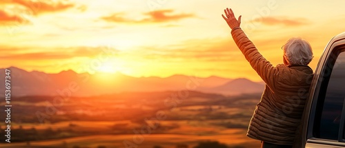 Man Enjoying Sunset View from Car Window photo