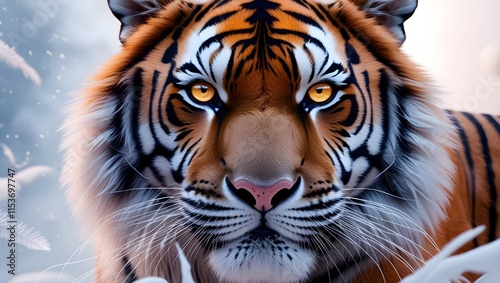 Close-Up of a Majestic Siberian Tiger s Face. A striking close-up of a Siberian tiger s face with intense amber eyes, sharp black stripes, and vibrant orange fur, exuding wild elegance
 photo