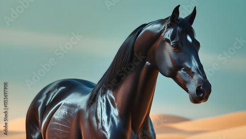 Close-Up of an Arabian Horse s Sleek Black Coat. A captivating close-up of an Arabian horse with a glossy black coat and soulful eyes, showcasing the elegance and beauty of this noble breed
 photo