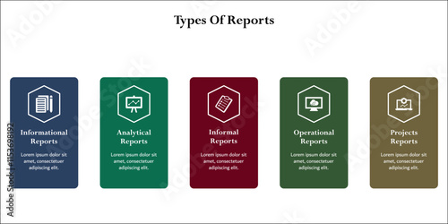 types of report. Infographic template with icons and description placeholder