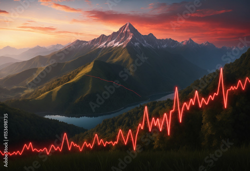 sunset in mountains with pulse chart