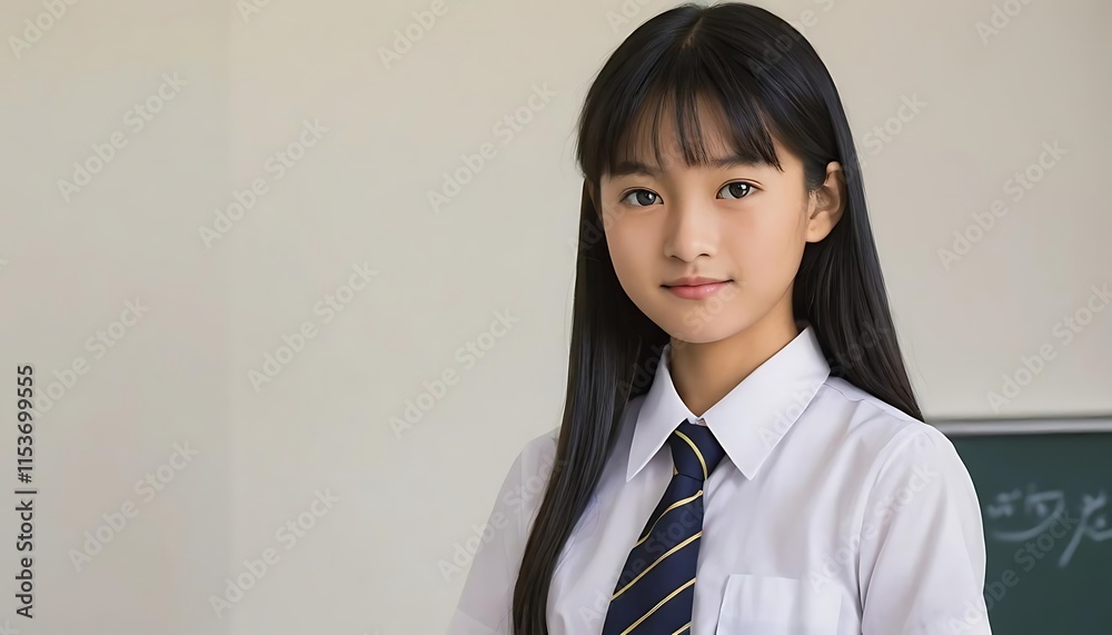 Asian Schoolgirl Portrait Serious Expression White Shirt Dark Tie. Generative AI