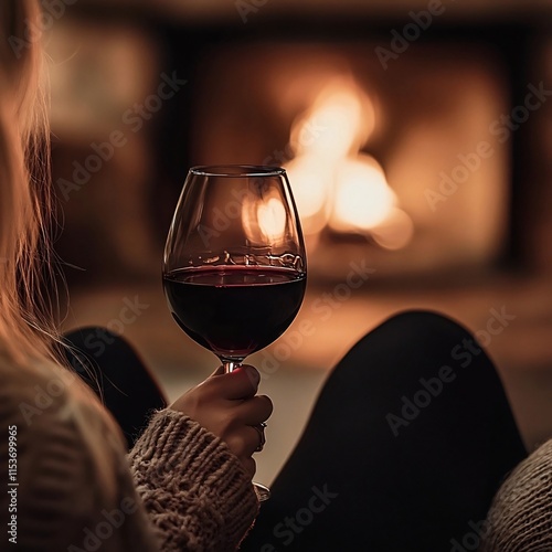 A woman holding a glass of red wine by a warm fireplace