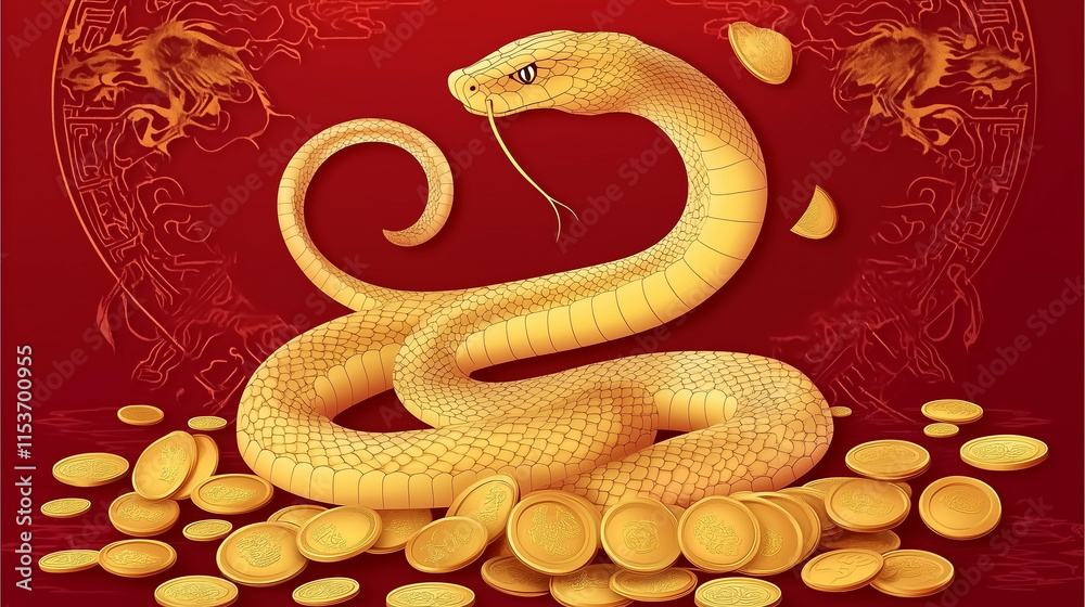 Obraz premium Luxurious golden snake coiled around gold ingots, symbolizing wealth, prosperity, and good fortune. Intricate vector illustration with traditional Chinese patterns and 3D elements on a vibrant red bac