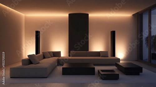 A sleek minimalist living room with neutral furniture, elegant black accents, and soft underlighting photo