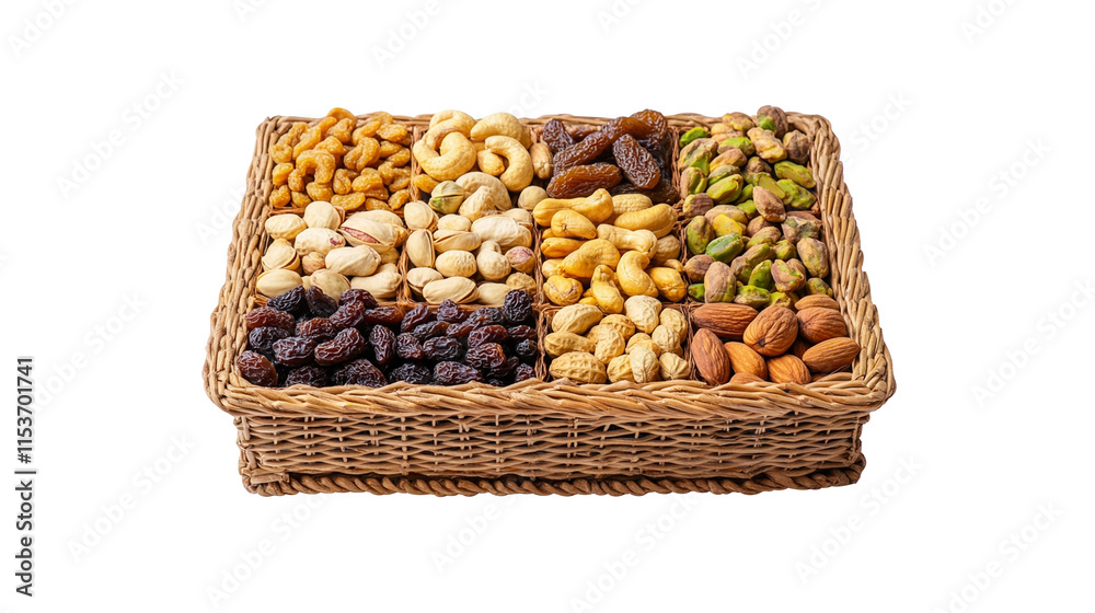 Cashew nut, pistachio, raisins ,walnut ,peanut, fig on gift bascket on white surface. Cashew nut, pistachio, raisins ,walnut ,peanut, fig on gift bascket on white surface.
