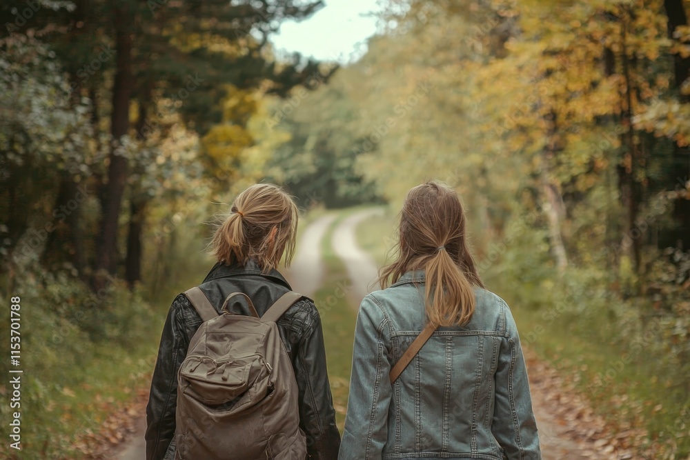 Couple women back rear view walking on forest trail country road park. Couple women back rear view walking on forest trail country road park.