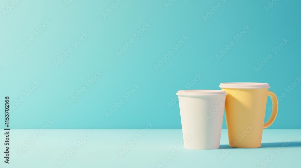 Two minimalist cups, one white and one yellow, placed on a light blue background Two minimalist cups, one white and one yellow, placed on a light blue background