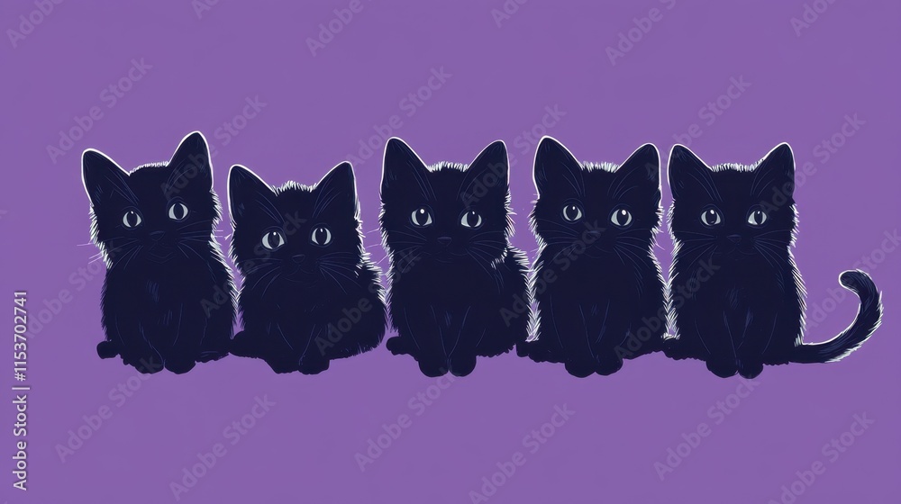 Five black cat silhouettes sitting on a purple background Five black cat silhouettes sitting on a purple background