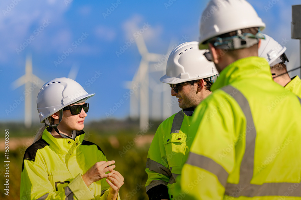 A team of engineers in high visibility safety gear stand together at a wind farm, conducting inspections and discussing renewable energy projects. Wind turbines surround them under a clear sky. A team of engineers in high visibility safety gear stand together at a wind farm, conducting inspections and discussing renewable energy projects. Wind turbines surround them under a clear sky.