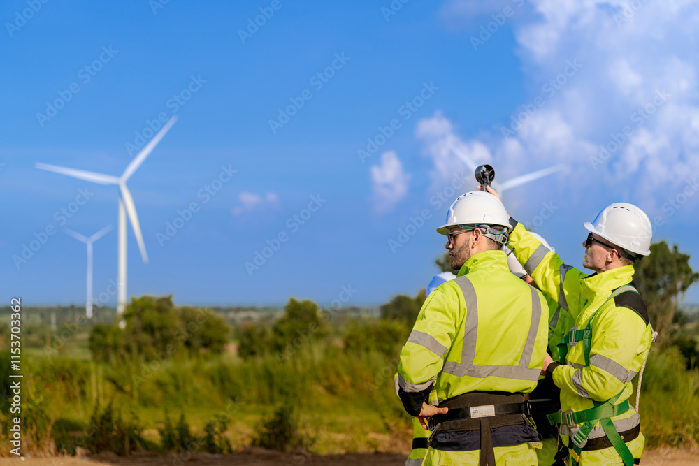 A team of engineers in high visibility safety gear stand together at a wind farm, conducting inspections and discussing renewable energy projects. Wind turbines surround them under a clear sky. A team of engineers in high visibility safety gear stand together at a wind farm, conducting inspections and discussing renewable energy projects. Wind turbines surround them under a clear sky.