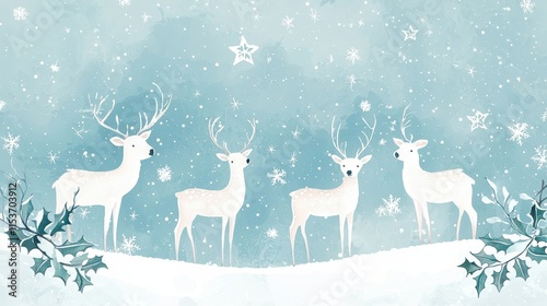 Soft Pastel Christmas Scene with Reindeer and Snowflakes in a Serene Winter Landscape