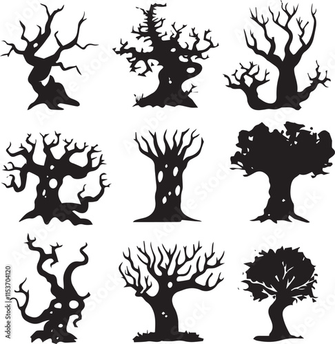 set of silhouette of trees