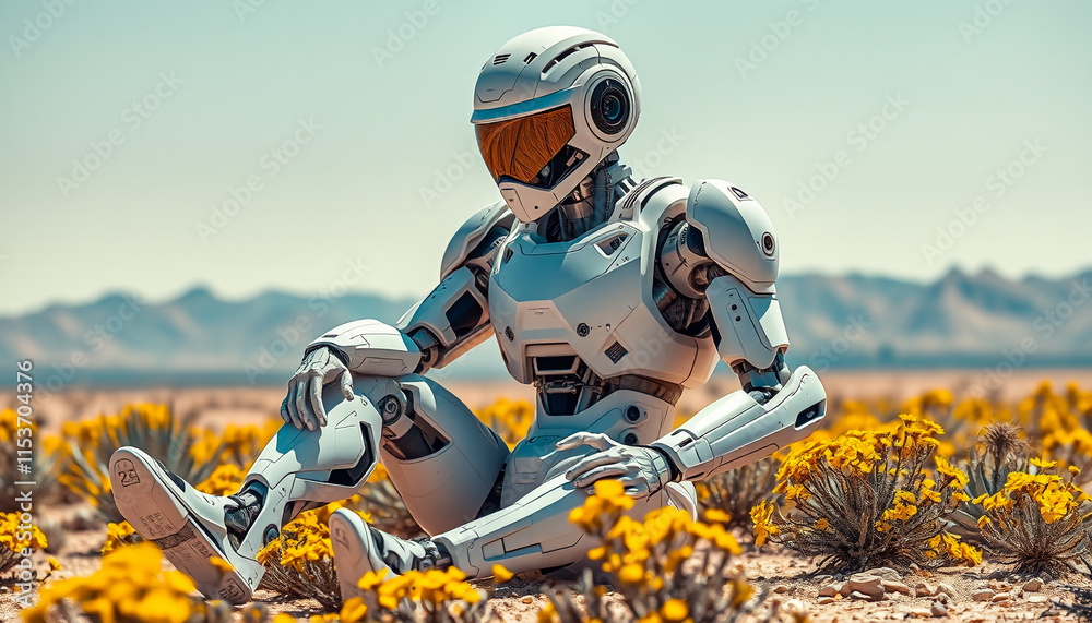 Robot in a sunflower field, nature and technology concept Robot in a sunflower field, nature and technology concept